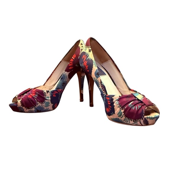 Vintage Y2K Zara Woman Collection Multicolor Peep Toe Floral 4” Heels Size 38/8 - Picture 1 of 12